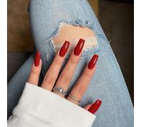 SXVME Red Press on Nails Long Square, Wine Red False Nails Medium Coffin, Glossy Gel Fake Nails Press on, Sheer Gel Stick on Nail for Women Fall Winter, 24 Pcs
