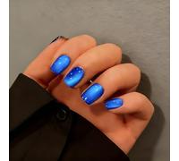 SXVME Royal Blue Cat Eye Press on Nails Short, 30 Pcs Summer False Nails Square, Sparkly Glitter Fake Nails Press on Short, Reusable Chrome Sapphire Blue Soft Gel Glue on Nails for Women Party Wear