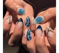 SXVME Royal Blue French Tip Press on Nails Short Almond with 3D Gold Lines Stars Full Cover False Nails Short Stiletto, Natural Nude Fake Nails Set, Sofe Gel Stick on Nails for Women, 24 Pcs