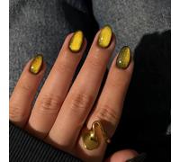 SXVME Soft Gel Press on Nails Extra Short Oval, 30 Pcs Dark Gold Cat Eye False Nails Short Almond, Sparkly Glitter Black Fake Nails Set, Reusable Small Bling Stick on Nail for Women Christmas Holiday