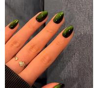 SXVME Soft Gel Press on Nails Extra Short Oval, 30 Pcs Neon Green Cat Eye False Nails Short Almond, Sparkly Glitter Black Fake Nails Set, Reusable Small Bling Stick on Nail for Women Christmas Holiday