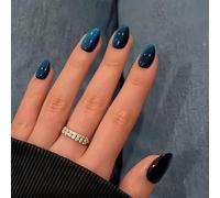 SXVME Soft Gel Press on Nails Short Oval, 30 Pcs Dark Blue Cat Eye False Nails Short Almond, Sparkly Glitter Black Fake Nails Set, Reusable Shiny Bling Stick on Nail for Women Holiday Decoration