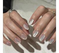 SXVME Soft Gel Press on Nails Short Oval, 30 Pcs Light Gray Cat Eye False Nails Extra Short Round, Glitter Glass Grey Fake Nails Set, Reusable Shiny Bling Stick on Nail for Women Small Sizes