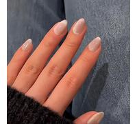 SXVME Soft Gel Press on Nails Short Oval, 30 Pcs Milky White Cat Eye False Nails Short Almond, Glitter Glass Beige Fake Nails Set, Reusable Shiny Bling Stick on Nail for Women Summer Decoration