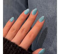 SXVME Soft Gel Press on Nails Short Oval, 30 Pcs Pastel Baby Blue Cat Eye False Nails Short Almond, Glitter Glass Fake Nails Set, Reusable Shiny Bling Stick on Nail for Women Summer Decoration
