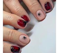 SXVME Soft Gel Press on Nails Short Square, Dark Red False Nails with Spider Web Design Full Cover Nude Pink Fake Nails Short Coffin, Black Red Stick on Nail with Cute Design for Women Halloween