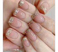 SXVME Soft Gel Press on Nails Short Square, French Tip False Nails Short Coffin, Gold Sequins Lines Full Cover Nude Pink Fake Nails Press ons, Stick on Nail for Women Decoration 24 Pcs