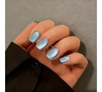 SXVME Teal Blue Cat Eye Press on Nails Short, 30 Pcs Summer False Nails Square, Sparkly Glitter Fake Nails Press on Short, Reusable Chrome Light Green Soft Gel Glue on Nails for Women Party Wear