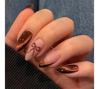 SXVME Valentines Press on Nails Medium Almond, Light Brown Cat Eye French Tip False Nails Almond, Cute Bow Crystals Pattern Full Cover Glitter Stiletto Fake Nails Designed for Women Party, 24 Pcs