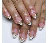 SXVME White French Tip False Nails Almond Press on Nails Nude Glossy False Nails with Gold Line Design Fake Nails Artificial Acrylic Full Cover Glitter Stick on Nails for Women Manicure 24Pcs