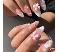 SXVME White French Tip False Nails Medium Almond, 24 Pcs Press On Nails with Pearl Bow Design Full Cover Cute Acrylic Fake Nails
