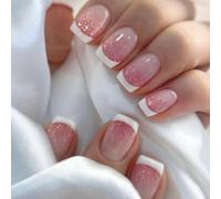 SXVME White French Tip False Nails Short Square, Natural Nude Press on Nails with Glitter Pink Sequins Designs, Glossy Bling Sparkle Acrylic Nails Press Ons for Women Daily Wear 24 Pcs