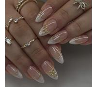 SXVME White French Tip Press on Nails Medium Almond, Marble False Nails Press on with 3D Gold Bow Design Full Cover Nude Fake Nails Medium Stiletto, Glossy Artificial Glue on Nail for Women