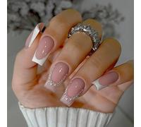 SXVME White French Tip Press on Nails Medium Square, Nude Pink False Nails with Pearls Design Full Cover Fake Nails Short Coffin, Natural Fit, Reusable Cute Soft Gel Glue on Nails for Women 24 Pcs