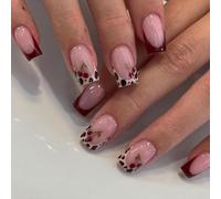 SXVME Wine Red French Tip False Nails with Leopard Cherry Design, Pink Press on Nails Short Square Glossy Gel Full Cover Coquette Acrylic Fake Nails Press ons for Women 24 Pcs