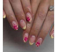 SXVME Yellow French Tip Press on Nails Short Oval, Flower False Nails Short Almond, Pink Floral Designs Full Cover Nude Pink Stick on Nails for Spring Summer Decoration 24 Pcs