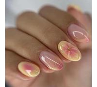 SXVME Yellow French Tip Press on Nails Short Oval Shape Blush Pink False Nails with 3D Flower Designs Floral Acrylic Fake Nails Short Round Spring Summer for Women, 24Pcs