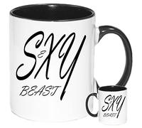 SXY Beast Novelty Gift Mug. Sexy Beast Coffee Mug. White Ceramic Mug with Black Handle and Black Inner. Jokey Workplace Gift Mug.