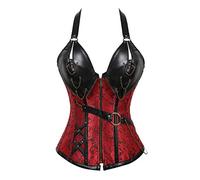 SxyBox Women's Faux Leather Steampunk Bustier Corset Overbust Adjustable Front Zipper with G-String S-2XL,Red