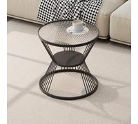 SXZenSpace 2-Tier Small Coffee Table, Round Table with Steel Frame, Glass Top Storage, Side for Living Room, Bedroom, Office(Black,Small)