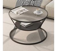 SXZenSpace 2-Tier Small Coffee Table, Round Table with Steel Frame, Glass Top Storage, Side for Living Room, Bedroom, Office(Black,Large)