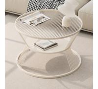 SXZenSpace 2-Tier Small Coffee Table, Round Table with Steel Frame, Glass Top Storage, Side for Living Room, Bedroom, Office(White,Large)