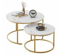 SXZenSpace 31.5" Nesting Coffee Table, Large White Faux Marble Gold Side Table Set of 2, Steel Frame Circular And Round Wooden Tables, Living Room Bedroom Apartment Modern for Small Place