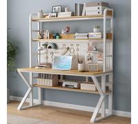 SXZenSpace Computer Desk with Storage Shelves & Pegboard, Solid Wood Writing Large Study Workstation Table Modern Home Office Desk(39" W x 69" H 23.6" D, Brown White)