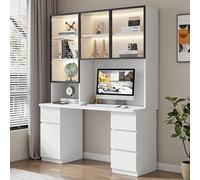 SXZenSpace Home Office Desk with Drawers, Computer Glass Door Modern Study Writing Compact & Workstation(100CM, White)