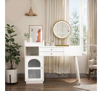 SXZenSpace LED Makeup Vanity Set with 3-Color Lighting, Wooden Dressing Table 3 Drawers & Side Cabinet, Expandable Design - Dimensions: W120/H90/D40 cm (without Stool)