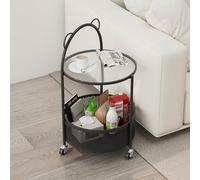SXZenSpace Modern Glass Side Table,Mobile Round Small End Table with Storage Shelf 2 Tier Bedside Cart wheels for Bedroom, Spaces,F,40x70cm(16x28inch)