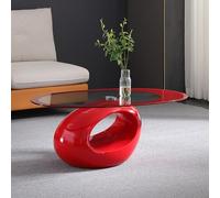 SXZenSpace Modern Oval Glass Coffee Table, Contemporary Center Cocktail Table with Tempered Top & Glossy Base For Storage, Accent Sofa Side for Living Room, Office(85x53x40cm(33x21x16), Red)