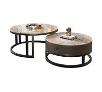 SXZenSpace Round Coffee Table, Stackable Living Room Side Stable & Easy Assembly, Leather Storage, Solid Wood Drawer, Silver Finish, 80x60cm