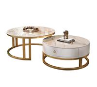 SXZenSpace Round Nesting Coffee Table Set of 2, Modern Cocktail Side with Drawer, Slate Stone Top and Metal Frame, for Living Room(Gold)
