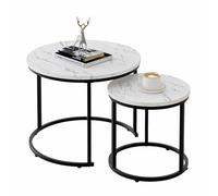 SXZenSpace Round Nesting Coffee Table Side Set of 2 End Tables for Living Room Bedroom Balcony, White Faux Marble Wooden Accent with Steel Frame,White 1