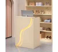SXZenSpace Small Reception Desk with LED Lights, Modern Retail Counter Lockable Drawer, Office Computer Front Desk, for Home, Office, Salon Room Checkout Office(Cream,100 * 40 96cm