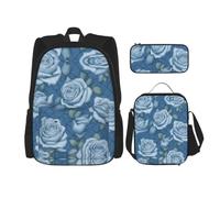 SXZVVBN Beautiful roses on blue background 3 Piece Laptop Backpack Set with Insulated Lunch Bag and Organiser for Work