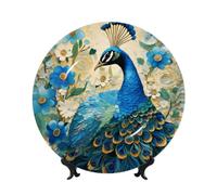 SXZVVBN Blue peacock standing among flowers Bone China Decorative Plate Art with Stand Removable Adhesive Hanging for Home Office 10in（25cm）
