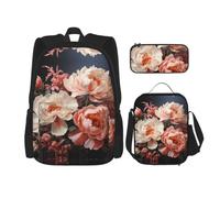 SXZVVBN Bright white peonies 3 Piece Laptop Backpack Set with Insulated Lunch Bag and Organiser for Work