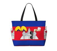 sxzvvbn Cambodia Flag Large Capacity Waterproof Beach Bag, Foldable Travel Tote with 7 Pockets, Lightweight Durable Gym Bag for Travel, Swimming, Shopping Camping