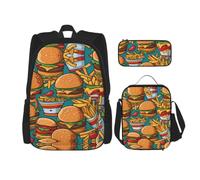 SXZVVBN cute burger fries 3 Piece Laptop Backpack Set with Insulated Lunch Bag and Organiser for Work