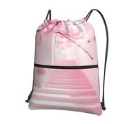 sxzvvbn Pink cherry blossom staircase Outdoor Drawstring Rucksack Waterproof Lightweight Gym Bag with Front Pocket & Internal Zip Pouch for Travel Sports