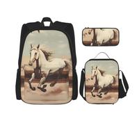 SXZVVBN Prancing White Horse 3 Piece Laptop Backpack Set with Insulated Lunch Bag and Organiser for Work
