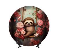 SXZVVBN Sloth sitting on a swing by the roses Bone China Decorative Plate Art with Stand Removable Adhesive Hanging for Home Office 7in