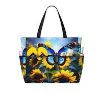 sxzvvbn Sunflower Blue Butterfly Large Capacity Waterproof Beach Bag, Foldable Travel Tote with 7 Pockets, Lightweight Durable Gym Bag for Travel, Swimming, Shopping Camping