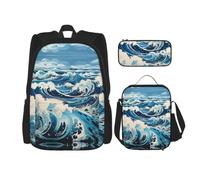 SXZVVBN Ukiyo-e style waves 3 Piece Laptop Backpack Set with Insulated Lunch Bag and Organiser for Work