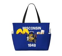 sxzvvbn Wisconsin State Flag Large Capacity Waterproof Beach Bag, Foldable Travel Tote with 7 Pockets, Lightweight Durable Gym Bag for Travel, Swimming, Shopping Camping