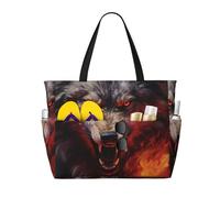 sxzvvbn Wolves in the Flame Roar Large Capacity Waterproof Beach Bag, Foldable Travel Tote with 7 Pockets, Lightweight Durable Gym Bag for Travel, Swimming, Shopping Camping