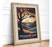 Sycamore Gap at Sunset Vintage Framed Wall Art Print A1 (84.1×59.4cm) Oak, Wall Decor for Living Room, Bedroom, Office & Home, Ready to Hang, Art Gift