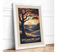 Sycamore Gap at Sunset Vintage Framed Wall Art Print A4 (29.7×21cm) White, Wall Decor for Living Room, Bedroom, Office & Home, Ready to Hang, Art Gift